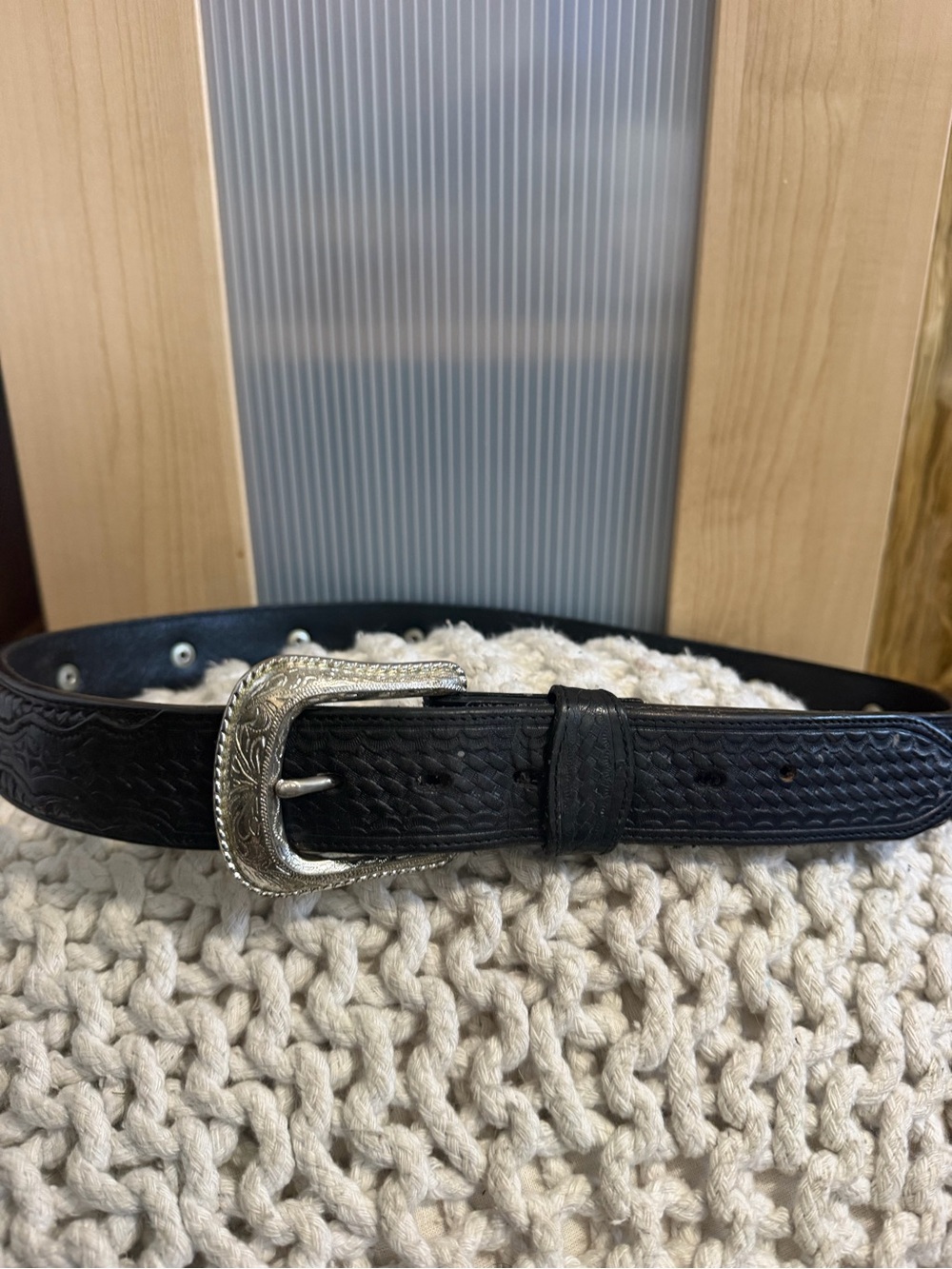 Country Leather Vintage Western Tooled Studded Belt Black 36